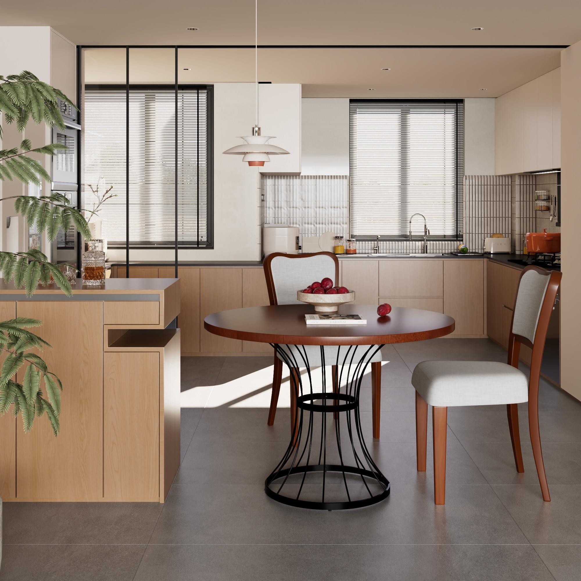 Three Piece Round Dining Set Solid Wood Look Veneer Table And Two Upholstered Chairs Heavy Duty Iron Base Space Saving