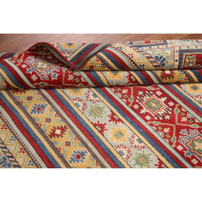 Striped Geometric Kazak Area Rug Hand-Knotted Wool Carpet - 4'11" x 6'7"