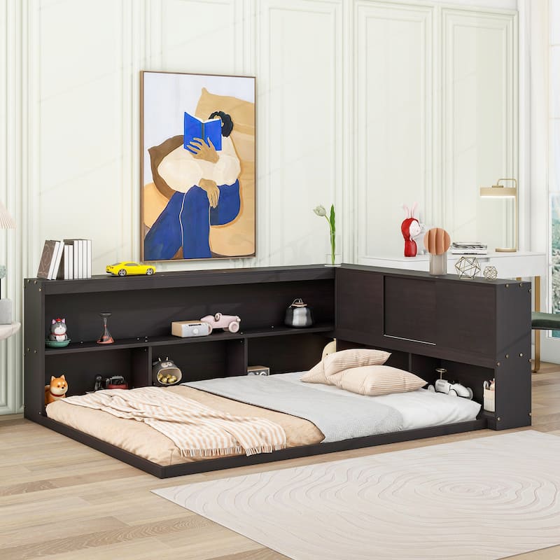 Full Size Wood Floor Bed with L-shaped Bookcases, sliding doors, without slats