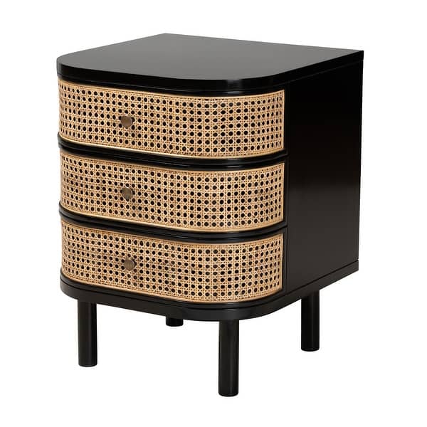 Nabila Modern Bohemian Black Bayur Wood and Natural Rattan 3-Drawer End ...