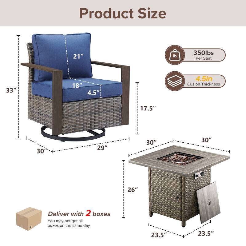 Meyreso 3-Piece Wicker Swivel Glider Fire Pit Set with Plush 4.5" Olefin Cushions