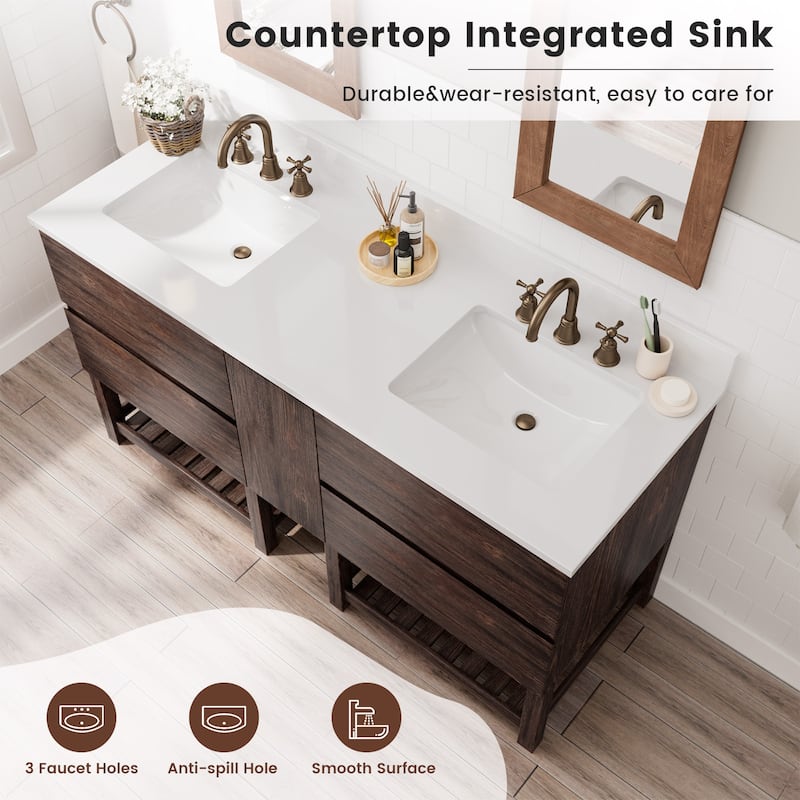 60-Inch Antique Style Solid Wood and MDF Double Sink Bathroom Vanity with Storage