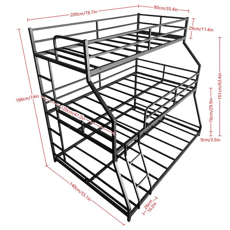 Metal Triple Bunk Bed with Full-Length Guardrails, Long and Short Ladders, Space-Saving Design for Kids and Teens
