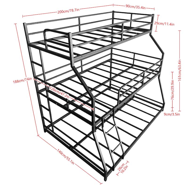 Triple Bed with Long and Short Ladder & Full-Length Guardrails , Easy Assembly ,for Kid Boy Girl ,Black