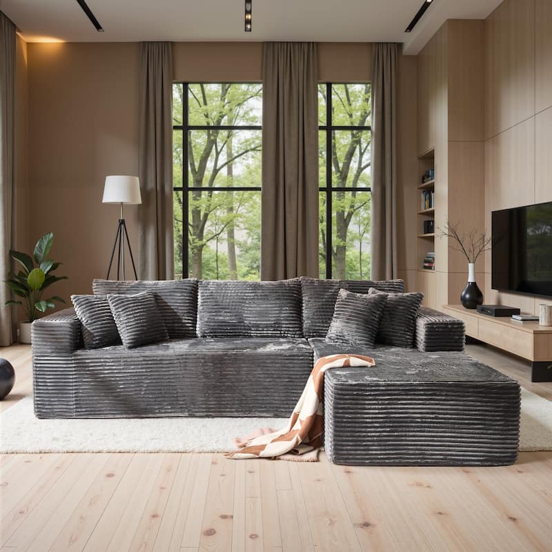 HOOOWOOO Modular Plush Upholstery L-shaped Sofa with Chaise Lounge - Grey-Right Chaise