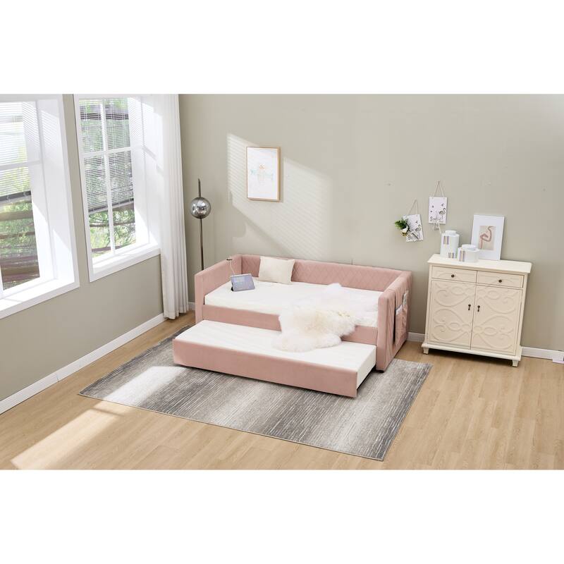Twin Size Upholstered Daybed with Trundle, Velvet Sofa Bed with USB Port & Side Pockets, Modern V-Grained Backrest Guest Bed