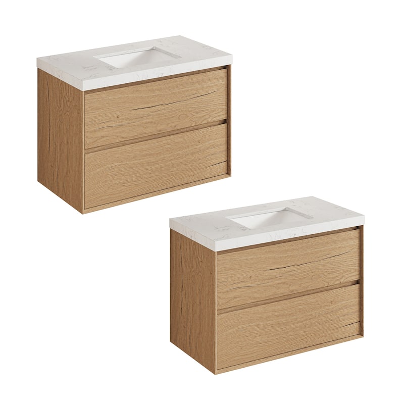 Sylphar 36 inch Bathroom Vanity with Sink, Floating Oak Cabinet with Stone Top - 2 Sets Of Natural Oak Vanities