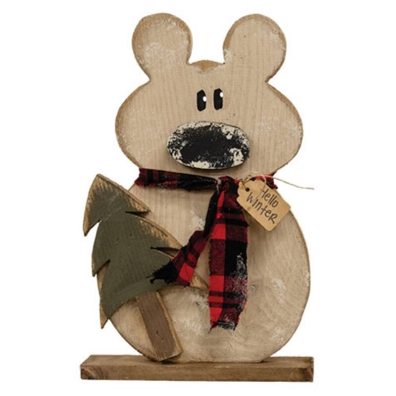 Rustic Wood Hello Winter Black Bear on Base With Tree - 18-1/2"H - 18.5"H