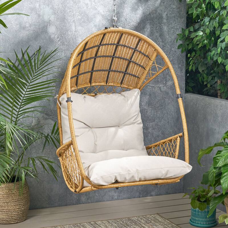 Roomfitters Outdoor Hanging Wicker Egg Chair, Teardrop Swing Seat with Soft Cushion & Steel Chain for Patio Balcony, Brown+Beige - Brown+Beige