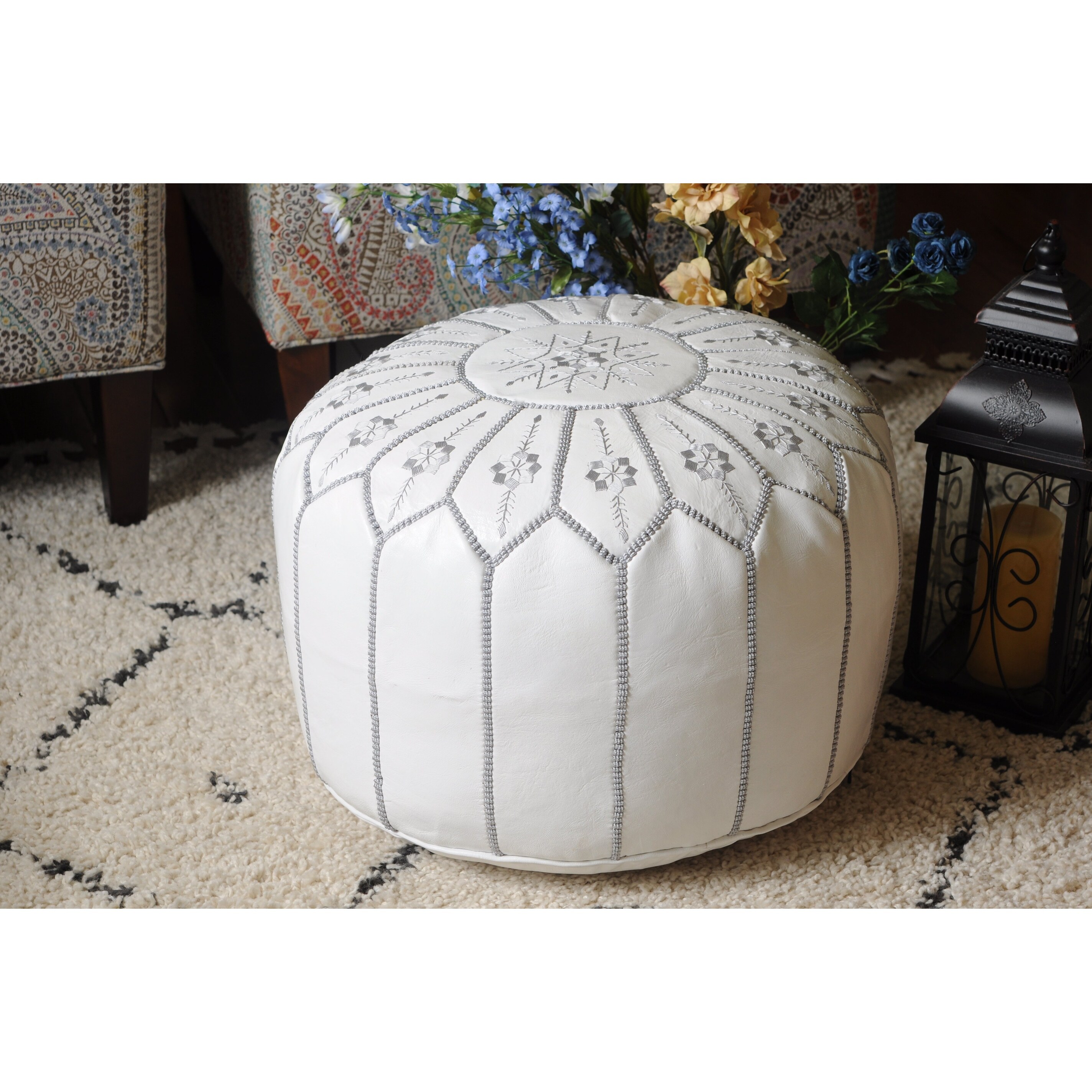 Ottoman Footstool Poof Moroccan Hand Made Leather Hassock Medium Beige Turquoise 
