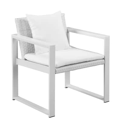 Lark 28 Inch Outdoor Armchair, All Weather Rattan Backrest, White Fabric