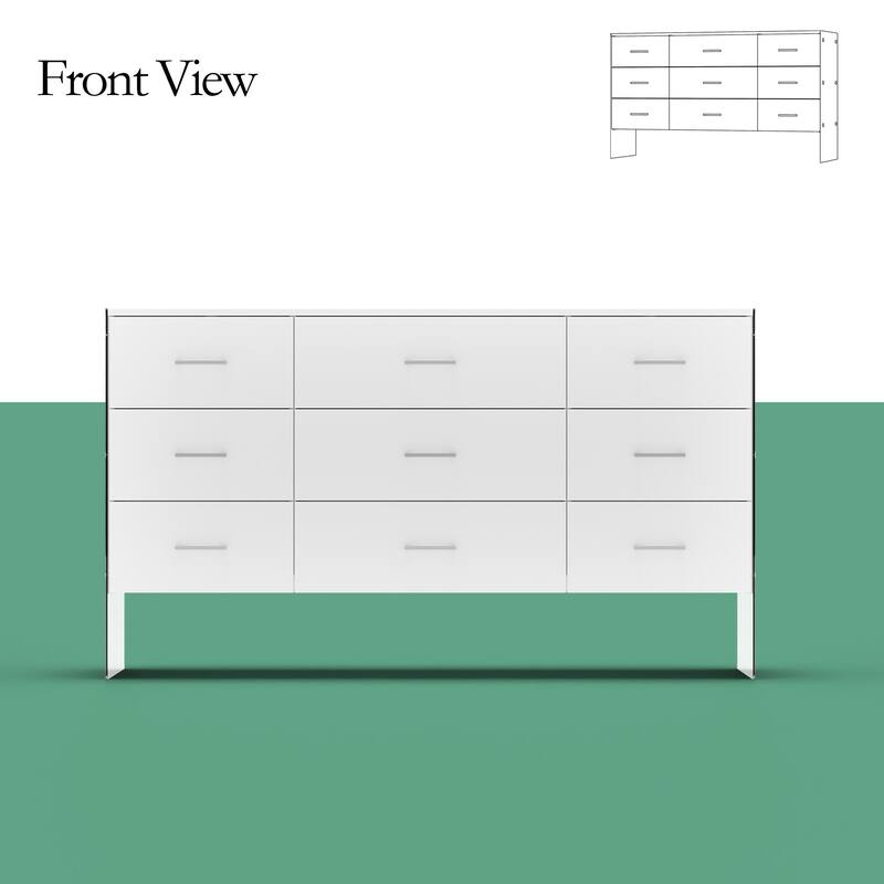 Dresser Chest of 9 Drawers Triple Dresser with Glass Legs White