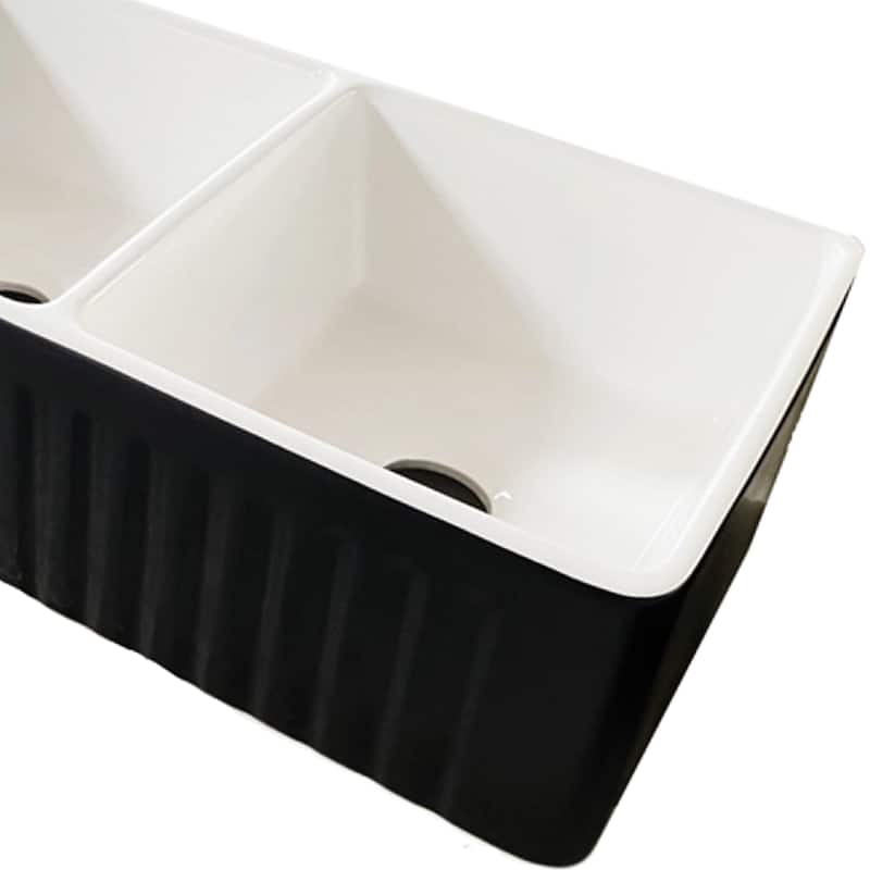 CB HOME 30"/33" Modern Farmhouse 50/50 Kitchen Sink, Ceramic Double Bowl Black/White Farmhouse Sink with Apron Front