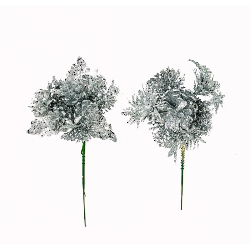 Glitter Xmas Pick, Silver, Set of 12 - 8"