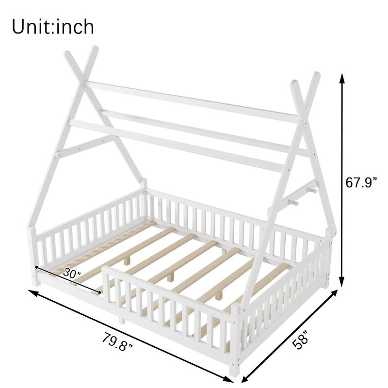 Wood Low Floor House Bed with Fence and LED Light Roof, Creativity Bed Tent Design for Kids Boys Girls No Box Spring Needed
