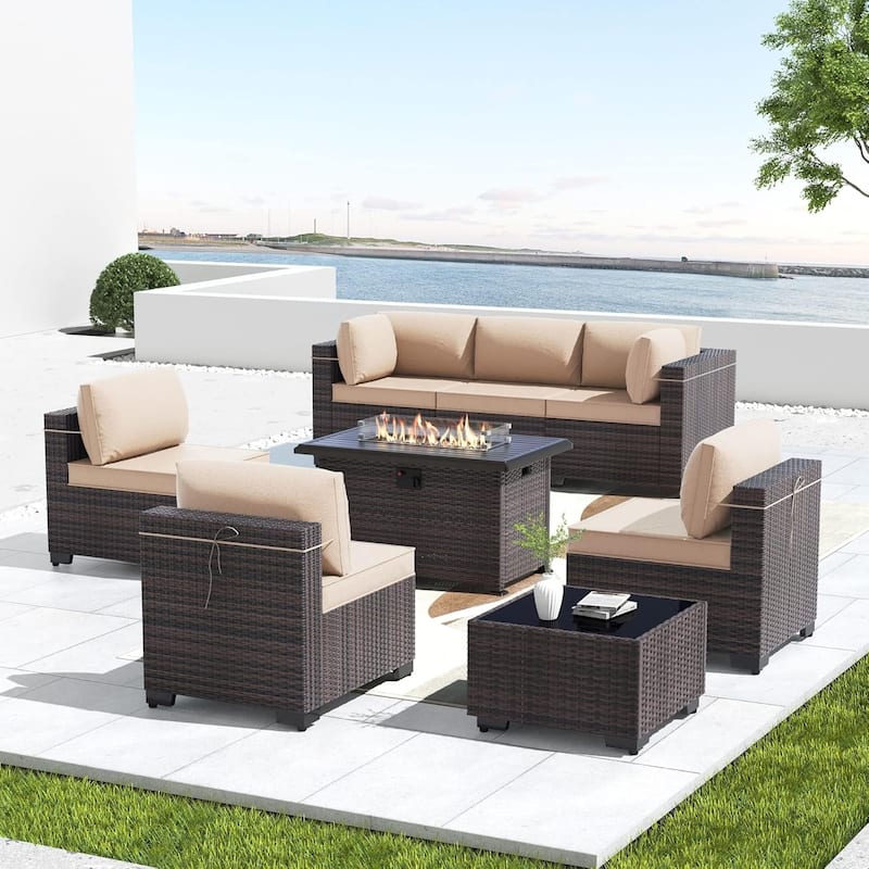 8 Pieces Outdoor Patio Furniture Set, All Weather PE Wicker Sectional Conversion Sofa set w/ Firepit Table