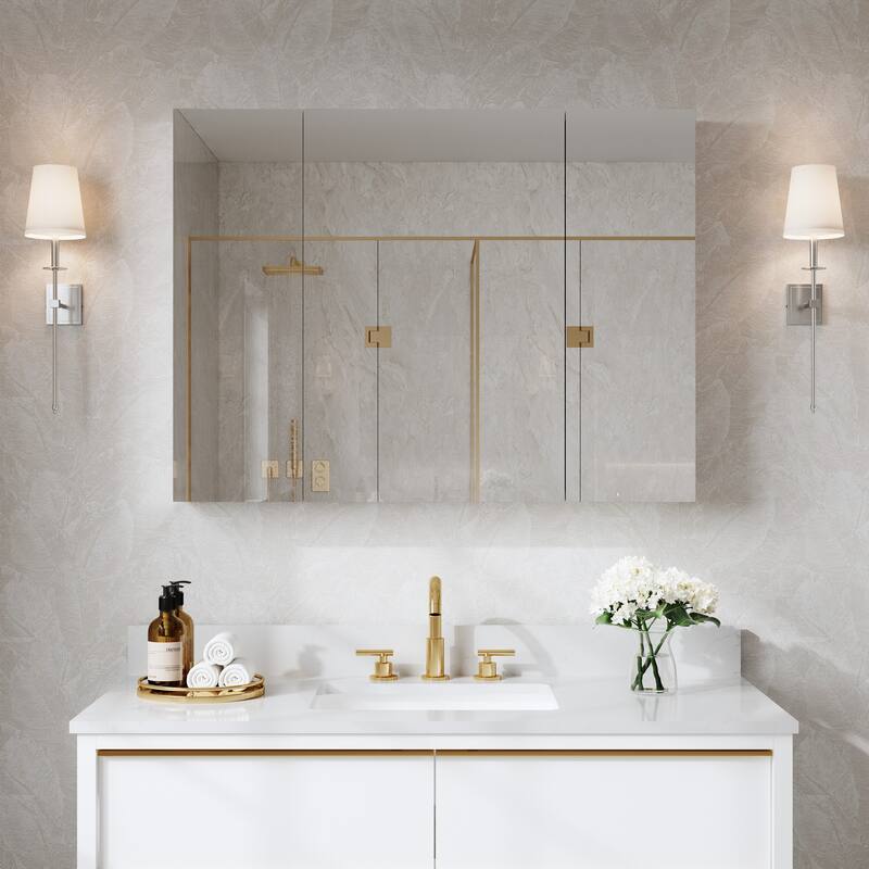 Recessed or Surface Wall Mount Bathroom Medicine Cabinet With Adjustable Glass Shelves - 40"W X30"H, Three Door Open