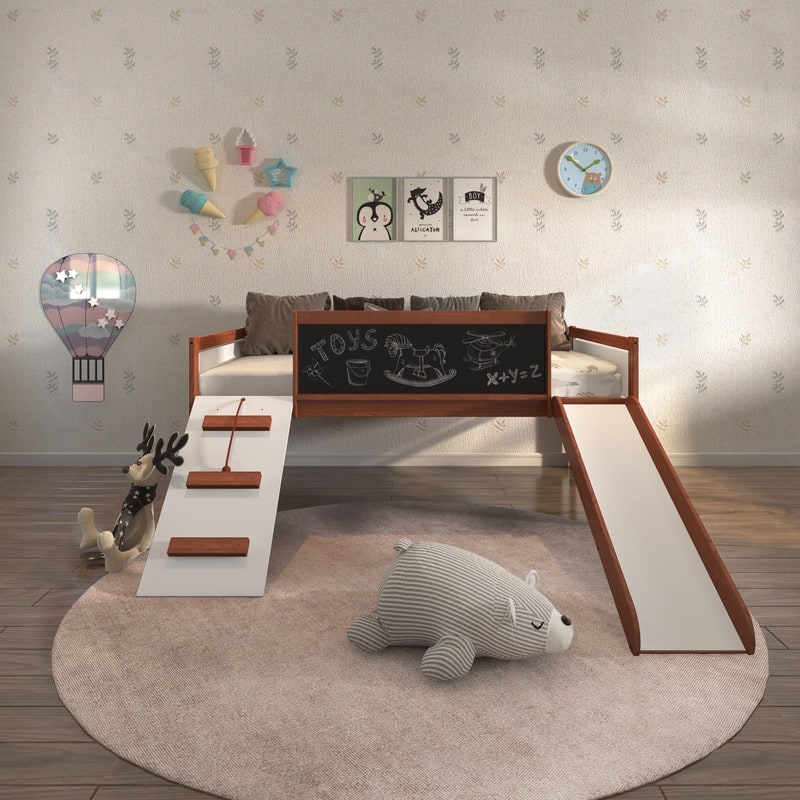 Junior Twin Low Loft with Slide & Chalkboard in Espresso