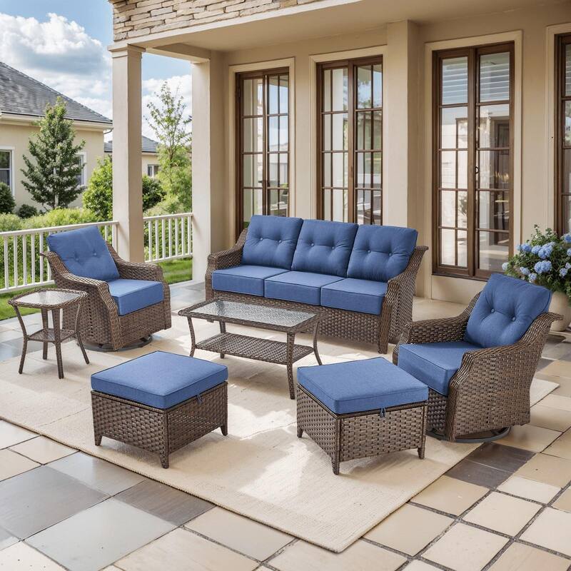 Pocassy Wicker Sofa Chair Set for Garden - Brown Wicker & Blue Cushion - 7PCS Sofa Glider Chair Table with Ottoman