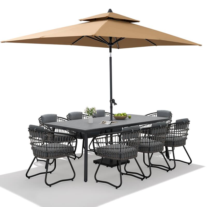 9/11-piece Outdoor Dining Set w/ Umbrella and Base Aluminum Dining Table and PE Rattan Chairs