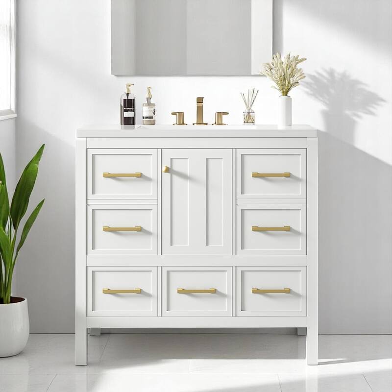Modern 36 Inch Bathroom Vanity with Resin Basin Top, 5 Storage Drawers and Cabinet, Freestanding Bathroom Cabinet - White