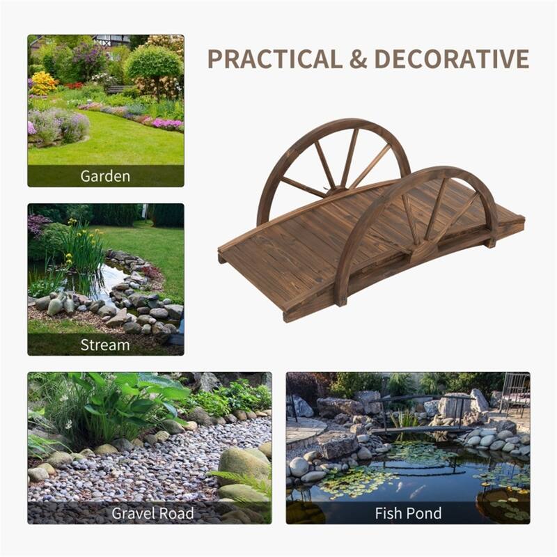 Stained Fir Wood Arched Garden Bridge with Half-Wheel Rails for Outdoor Pond Stream Landscaping or Walkway 330 lbs Capacity