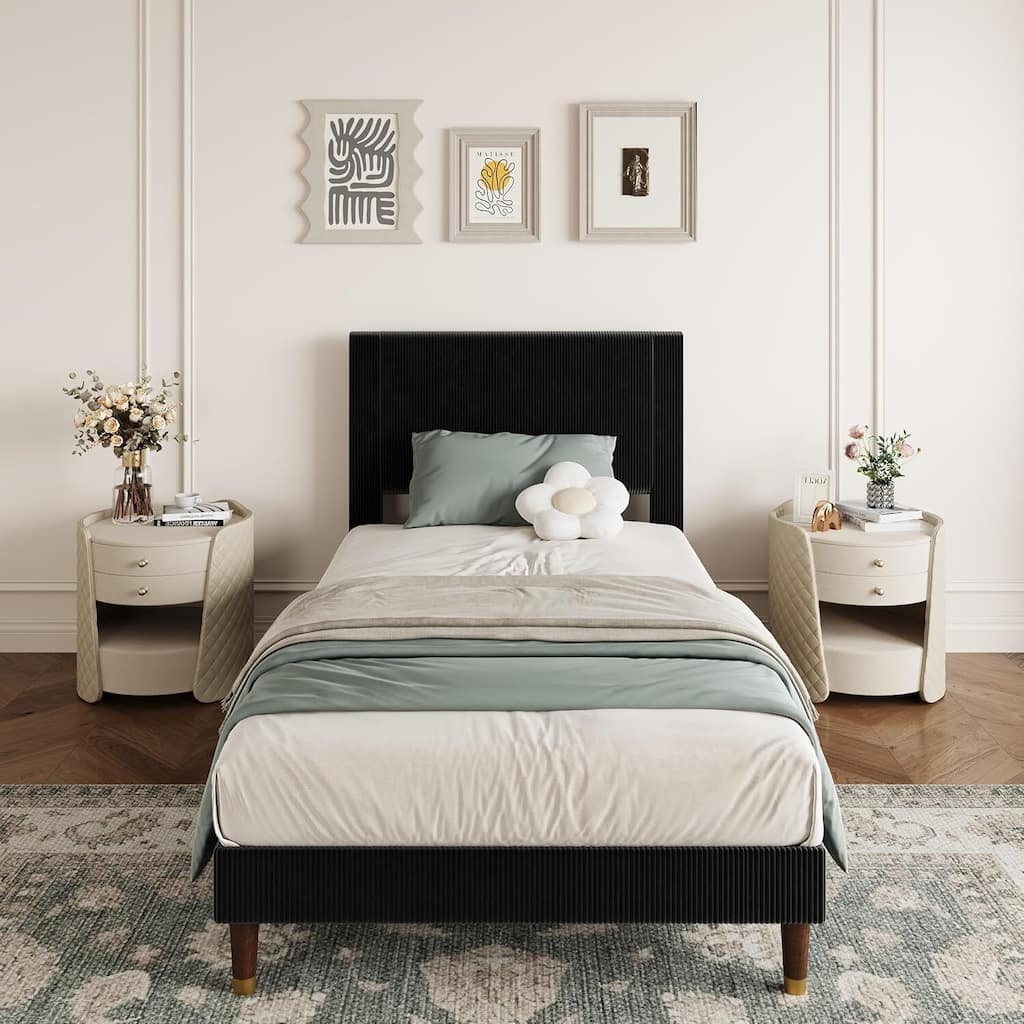Soft Corduroy Fabric Platform Bed Frame with Upholstered Headboard, Black