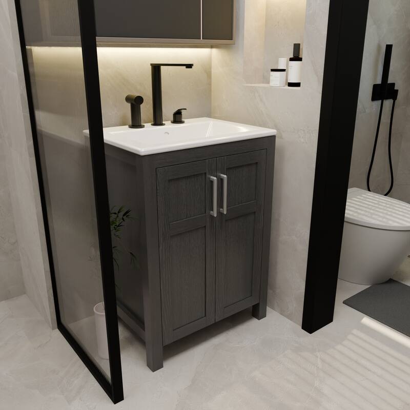 24" Black Bathroom Vanity Cabinet with White Ceramic Sink - Black