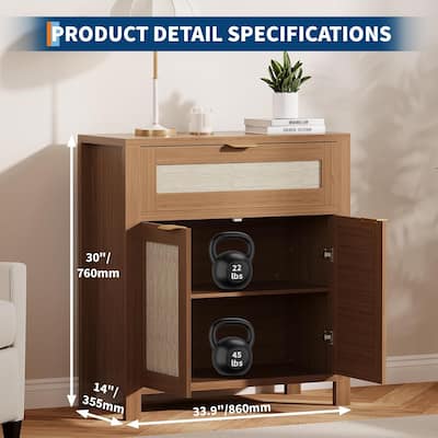 Modern Rattan Buffet Cabinet, Narrow Sideboard with Adjustable Shelves