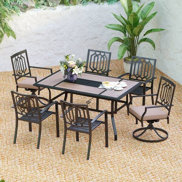 slide 2 of 12, 7PCS Patio Dining Set, Large Rectangular Wood Like Top Table with 4 Metal Chairs and 2 Swivel Chairs 7-Piece Sets