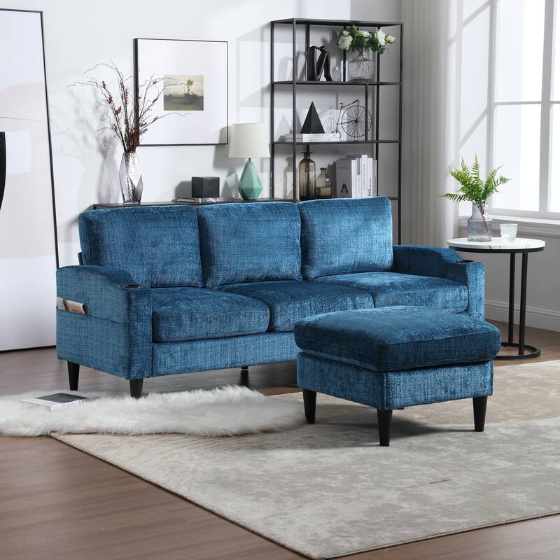 Modular Sectional Sofa with Storage Ottoman, Comfy Chenille Fabric Sofa, 3-Seater Sofa with Side Pockets & 2 Cup Holders