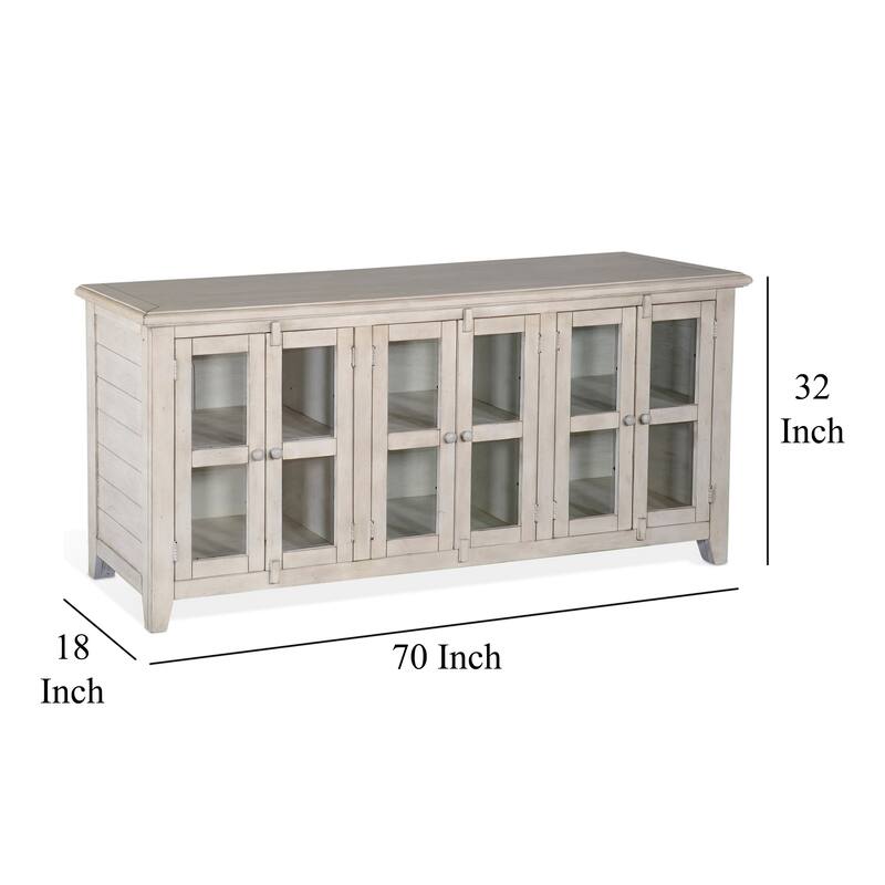 Yael TV Media Console, 6 Shelves, Glass Doors, White Mahogany, 70 Inch