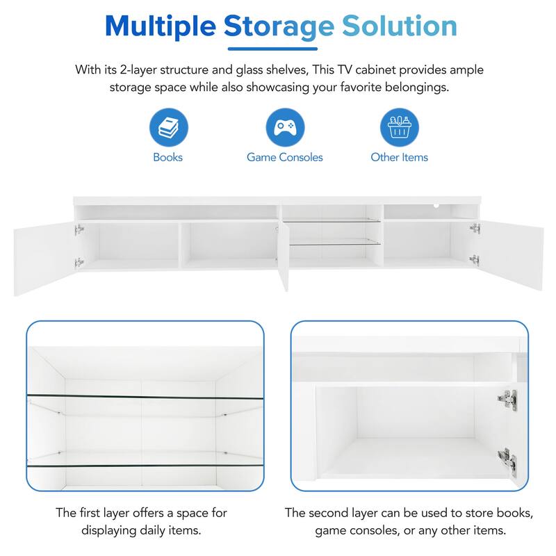 94.5" White TV Cabinet with LED Lights, 2 Glass Shelves, Media Console for TVs up to 105", Ample Storage