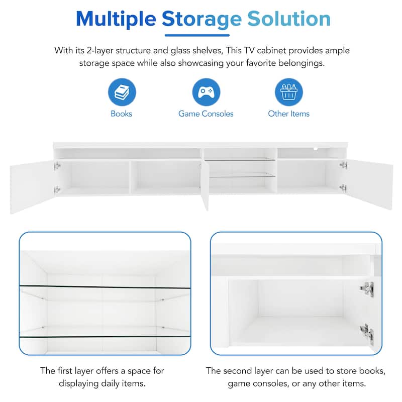 White 94" TV Stand with Glass Shelves & LED for TVs Up to 105"