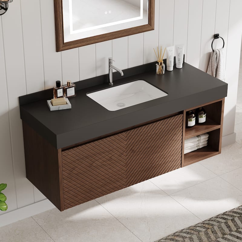 48" Modern Floating Single Bathroom Vanities with Sink, Brown or Natural wood, 2 Drawers