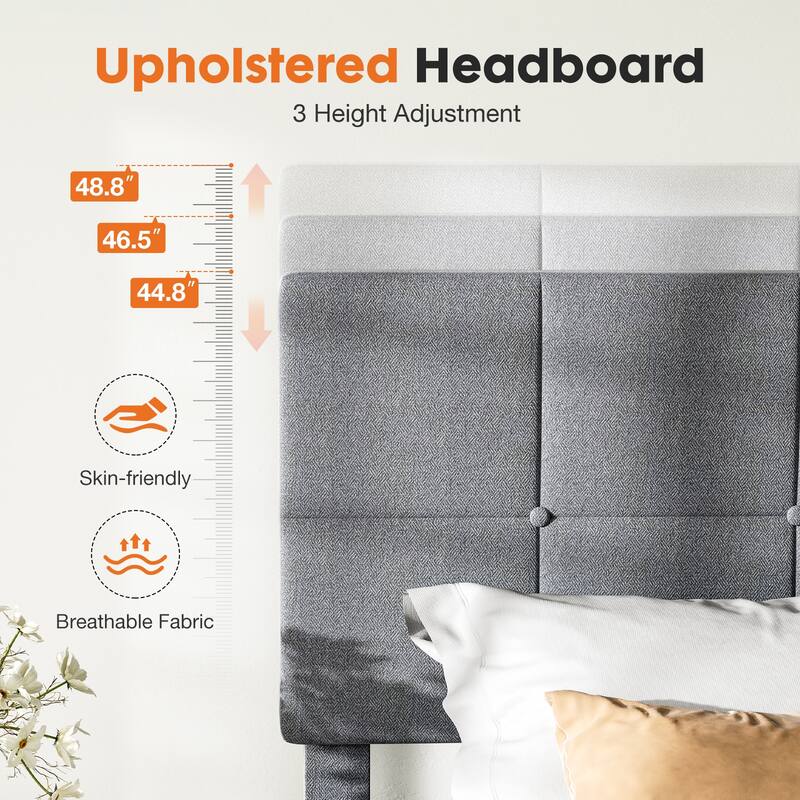 Bed Frame, Modern Platform Bed Frame with Adjustable Headboard, Geometric Upholstered Bed Frame 800LBS Sturdy Solid Wooden Slats