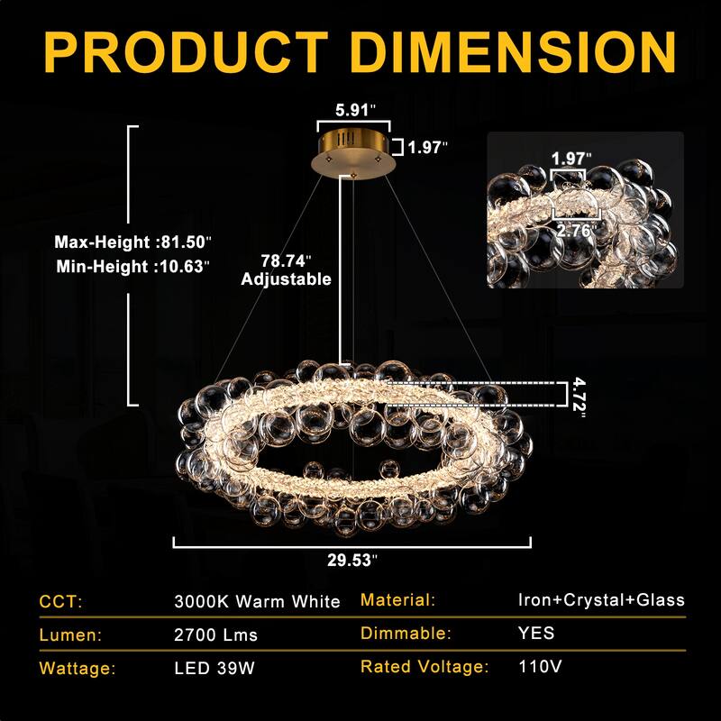 Crystal Bead LED Chandelier with Glass Globe, Adjustable