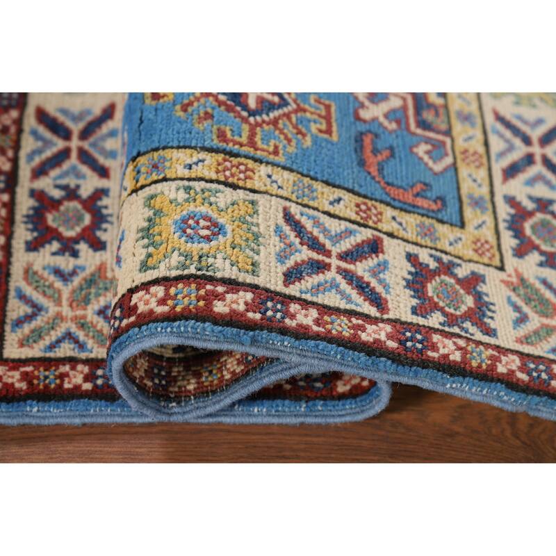 Blue Geometric Kazak Foyer Rug Handmade Oriental Wool Carpet - 2'1" x 3'0"