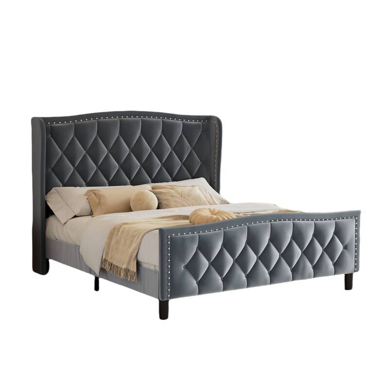 Full/Queen Size Upholstered Platform Bed Frame with Wingback Headboard