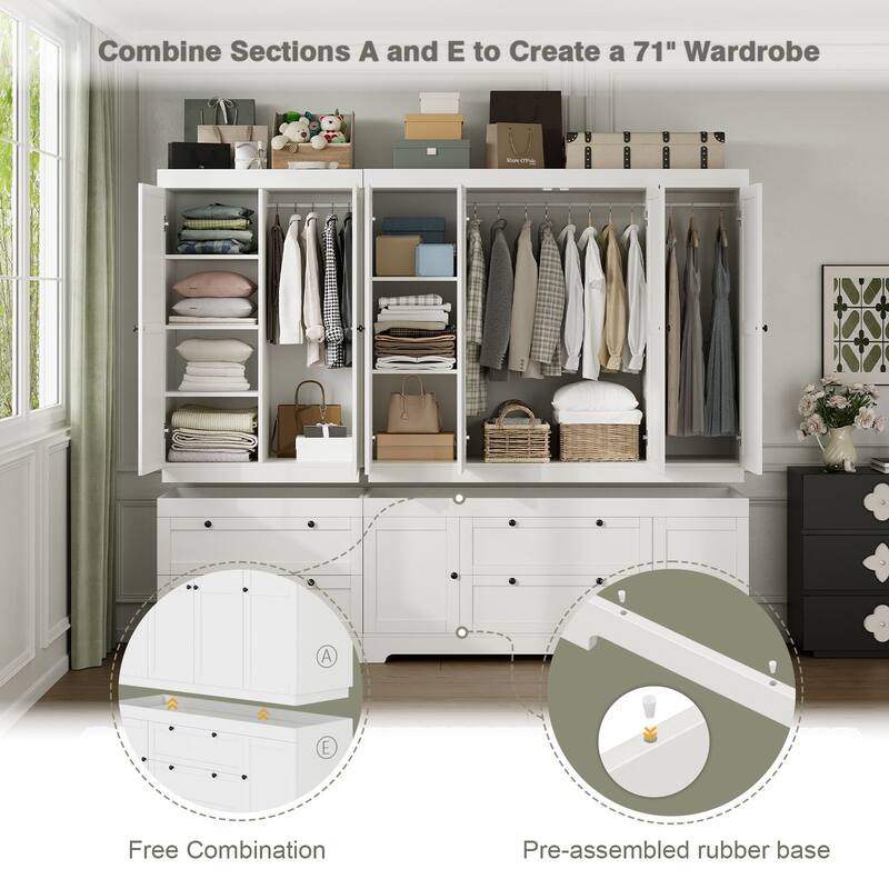 Meyreso White Modular Wardrobe Closet with Drawers, Convertible Stacking Armoire - N/A