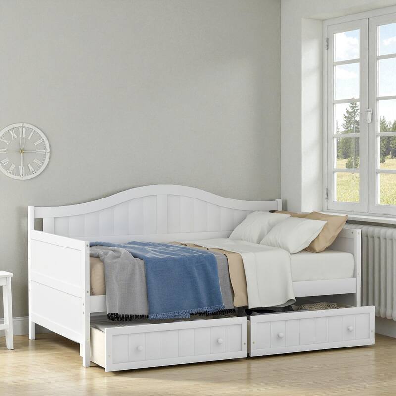 Twin Wooden Daybed with 2 Storage Drawers, Sofa Bed Frame for Bedroom or Living Room, Pine Wood Daybed with Slats - White - Twin