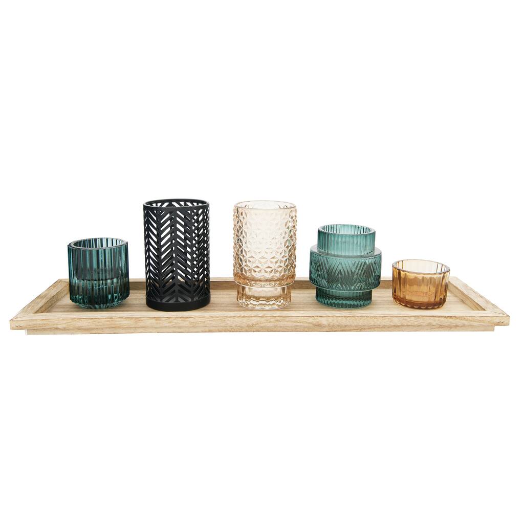 Embossed Glass and Metal Tealight Candle Holders in a Wood Tray