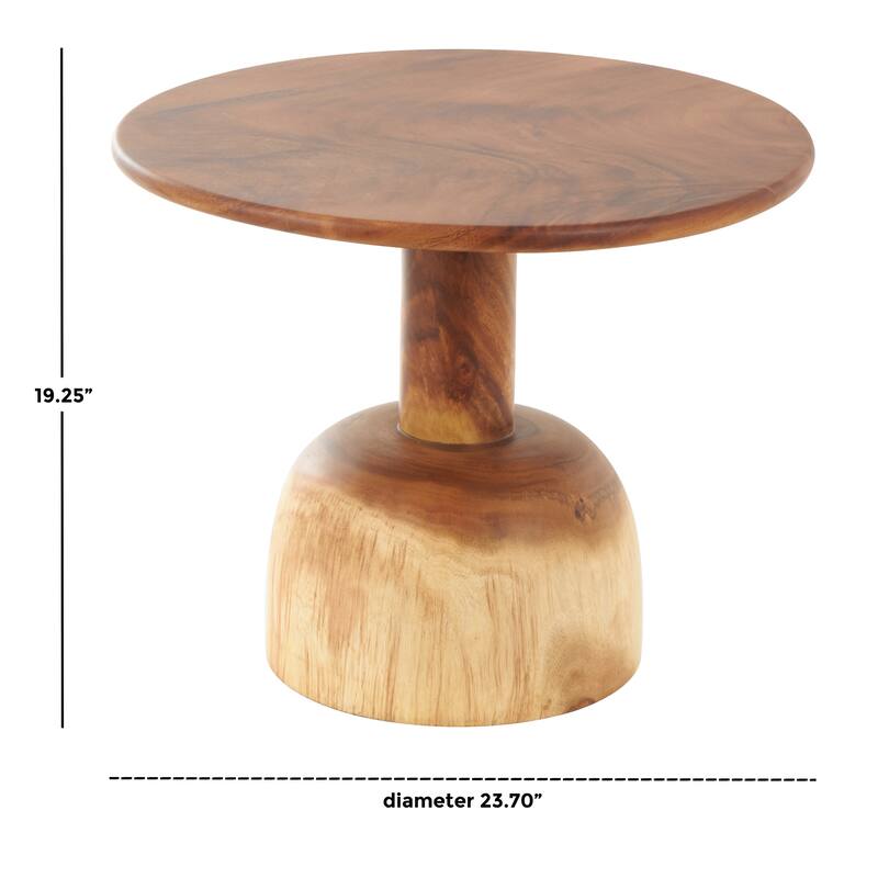 Brown Wood Handmade Side End Accent Table with Cylinder Block Base