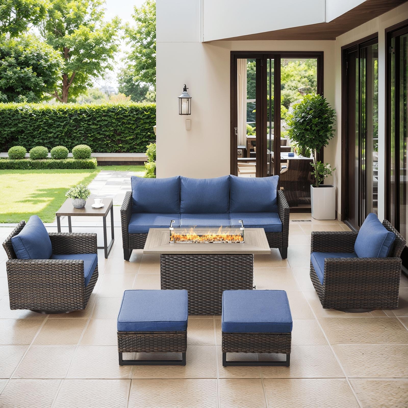 Outdoor Sofa Chairs Ottomans and Fire Table Brown-Blue - Brown