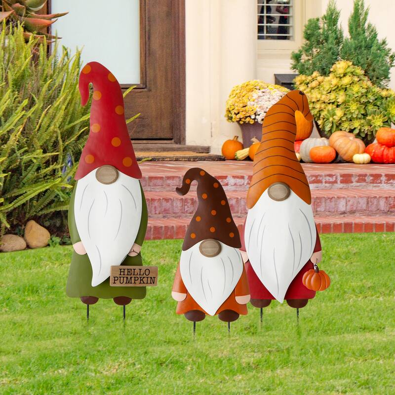 Glitzhome Set of 3 Fall Metal Gnome Family Yard Stake Standing Sign Hanging Decor for Thanksgiving