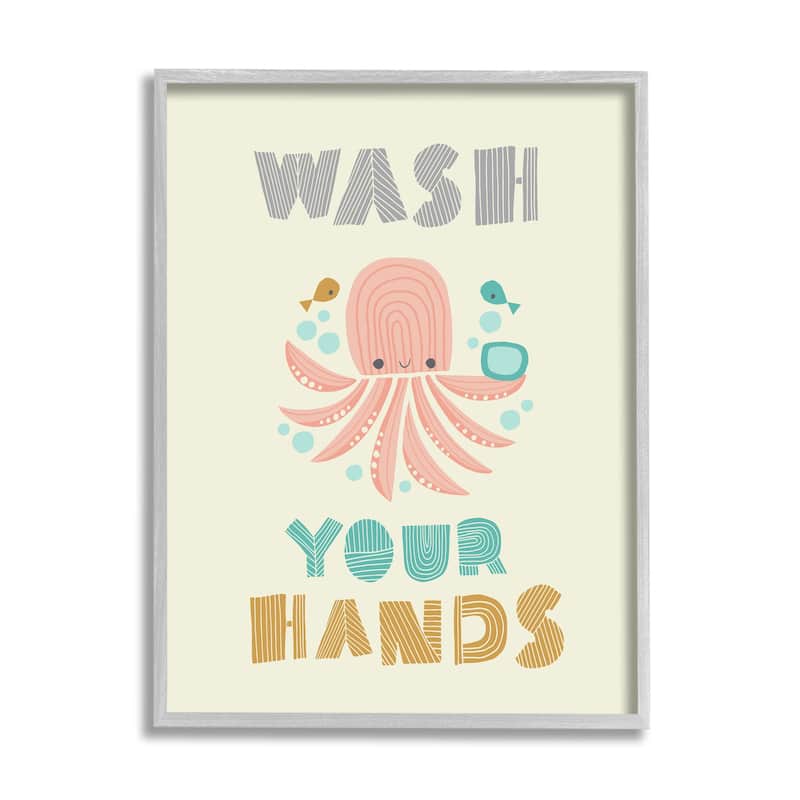 Stupell Wash Your Hands Mod Octopus Framed Giclee Texturized Art, 11 x 1.5 x 14, Made in USA - Multi-color - 24 x 30 - Grey