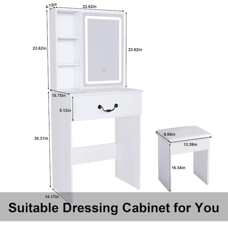 Modern Mini Dressing Table with LED-lit Mirror & Hidden Storage,Includes Padded Stool,Multi-tier Dust-proof Shelves