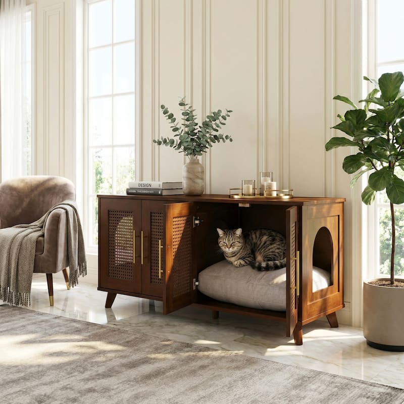 Christopher Knight Home - 47"W Rubber Wood Cat Cabinet with Rattan Doors & Cushion