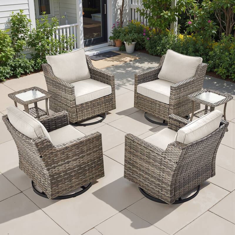 Pocassy 6-Piece Glider Swivel Chairs with Side Table Set - Beige Cushion Gray Wicker - 6-Piece Swivel Chair Table Set