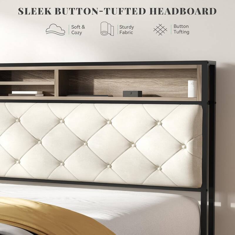 King Size Metal Bed Frame, Button Tufted Platform Bed with Storage Headboard and Charging Station, No Box Spring Needed